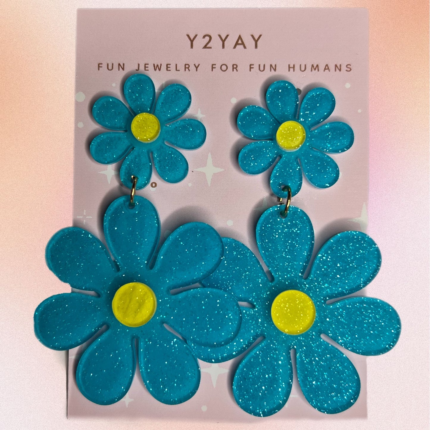 Blue Sparkle Power Flower Earrings