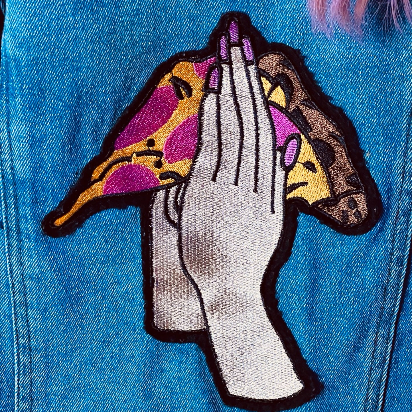 Pizza Prayers Embroidered Denim Jacket